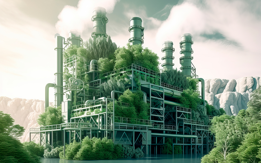 Futuristic eco-friendly industrial building covered in lush green vegetation, situated beside a calm body of water, with smoke gently rising from chimneys under a partly cloudy sky.